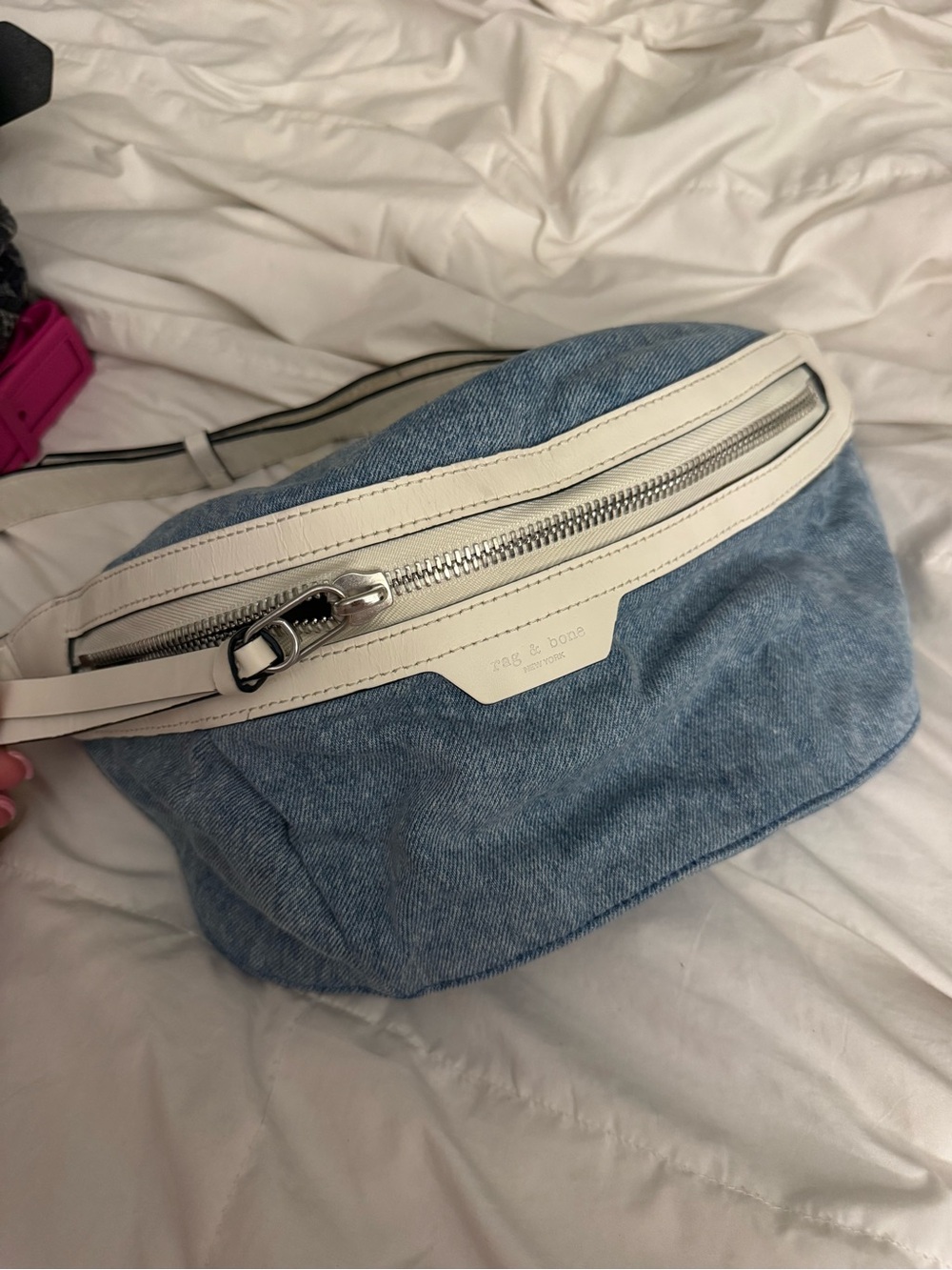 rag & bone Light Blue Denim Crossbody Belt Bag with Cream Trim